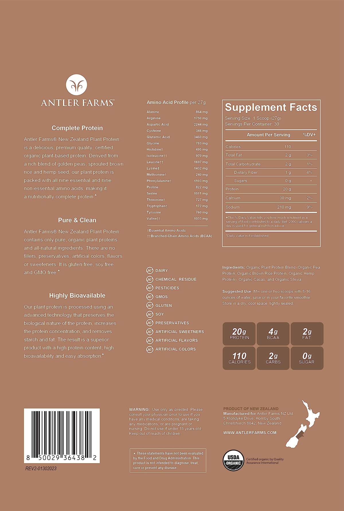 Antler Farms - 100% Pure New Zealand Plant Protein, Chocolate Flavor, 1.79 lbs – Pure