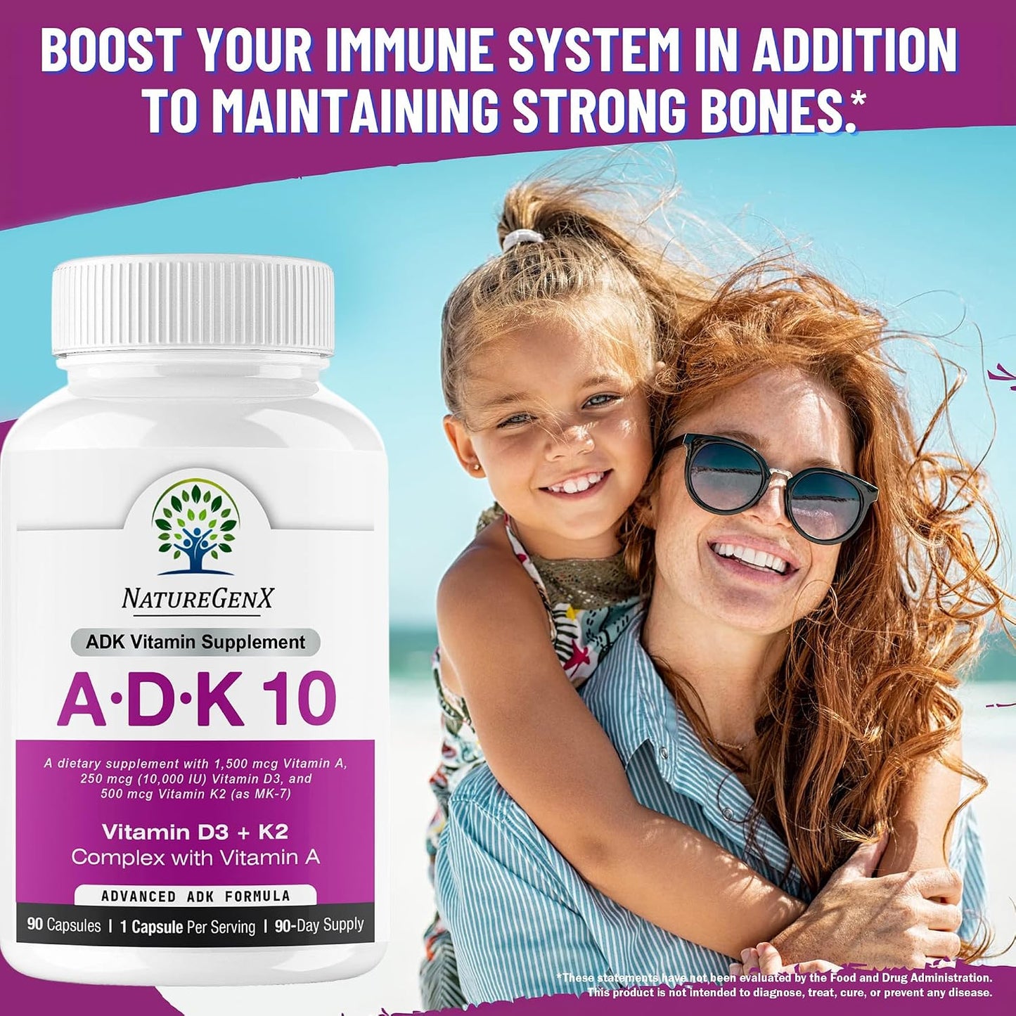 NatureGenX ADK10 – Vitamins A, D3 250 mcg & K2 MK-7 for Bone, Heart & Immune Health – Non-GMO, Gluten-Free, Soy-Free – 90 Capsules (3-Month Supply) | For Bone, Heart & Immune Health - Non-GMO, Gluten-Free, Soy-Free - 90 Capsules (3-Month Supply)