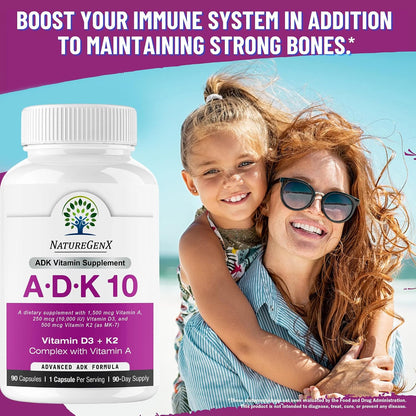 NatureGenX ADK10 – Vitamins A, D3 250 mcg & K2 MK-7 for Bone, Heart & Immune Health – Non-GMO, Gluten-Free, Soy-Free – 90 Capsules (3-Month Supply) | For Bone, Heart & Immune Health - Non-GMO, Gluten-Free, Soy-Free - 90 Capsules (3-Month Supply)