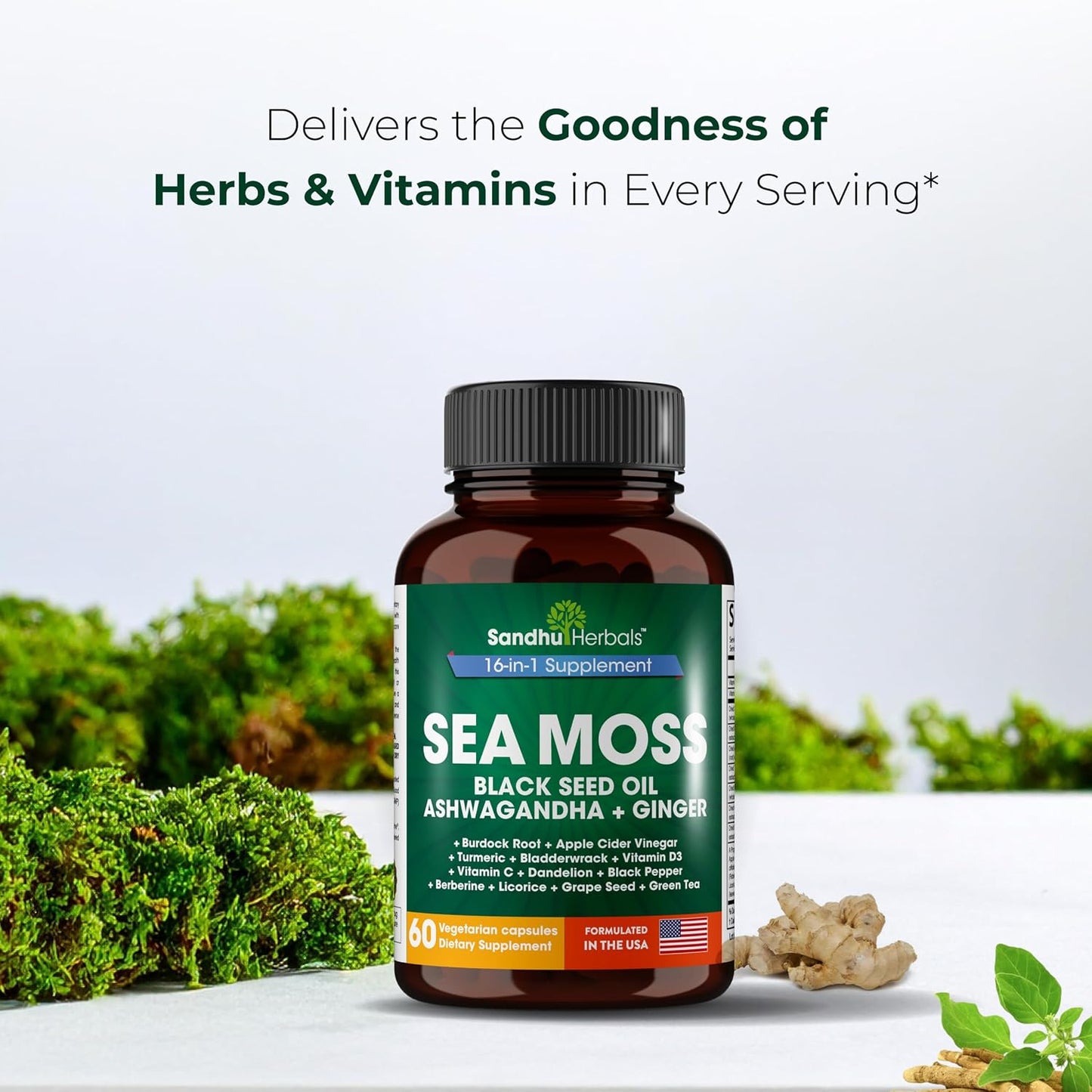 Sea Moss Capsules with Black Seed Oil Ashwagandha Ginger Burdock Root | Advanced Seamoss 60 Count | All Men Women Age