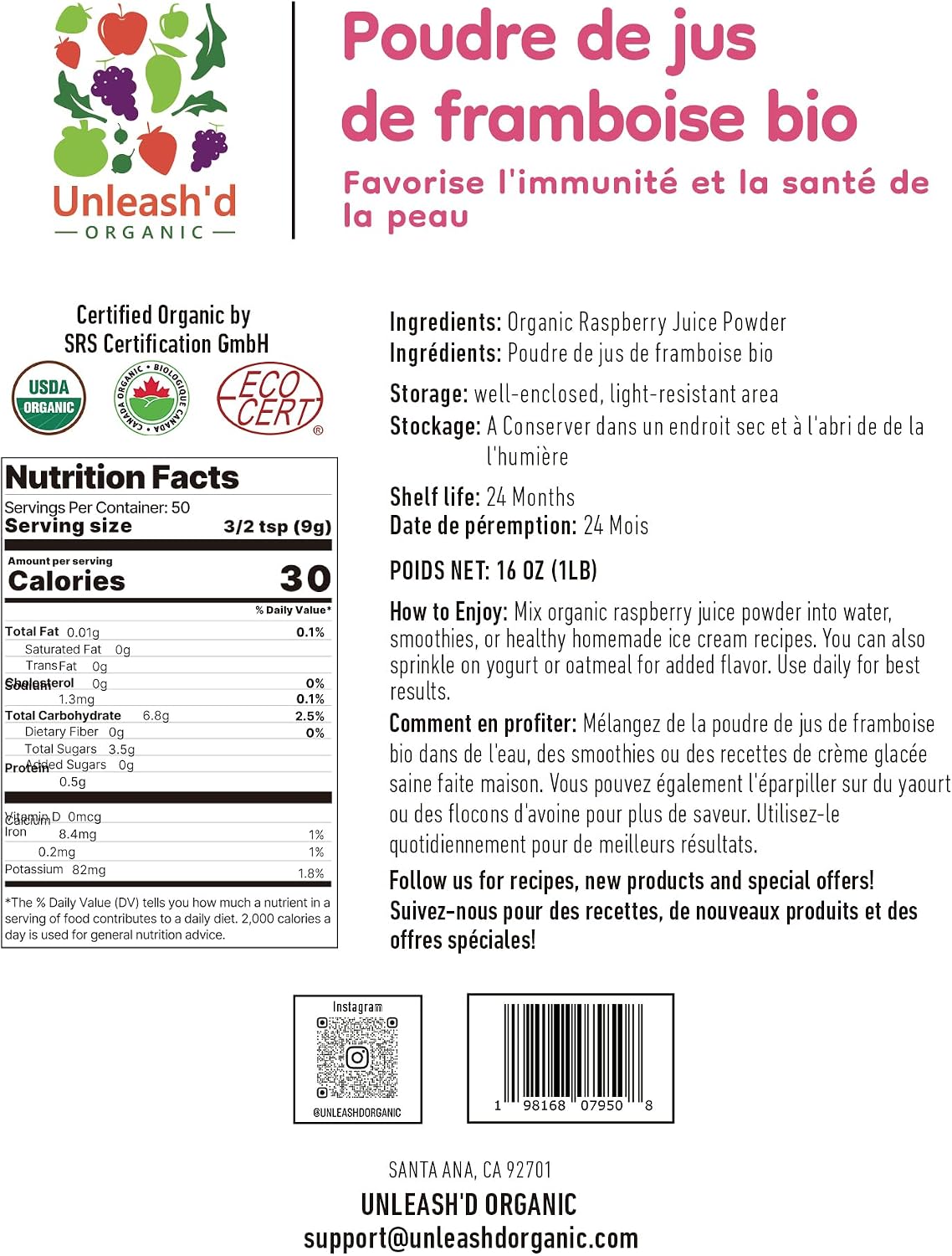 Unleash’d Organic Organic Raspberry Juice Powder 16oz – 100% Pure Superfood, Antioxidant-Rich & Nutrient-Dense