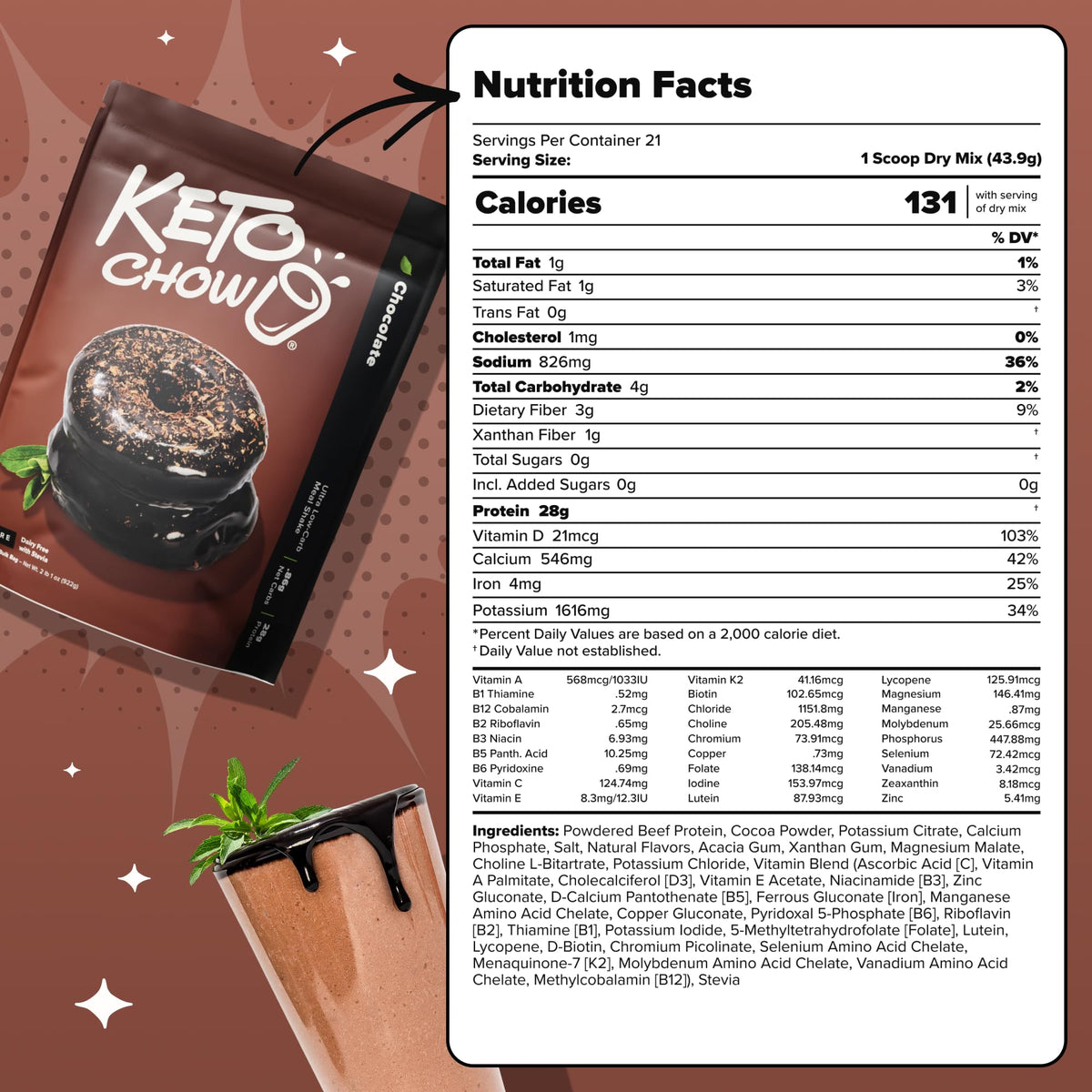Keto Chow Chocolate CORE with Stevia Meal Replacement Shake Powder, 1 Meal