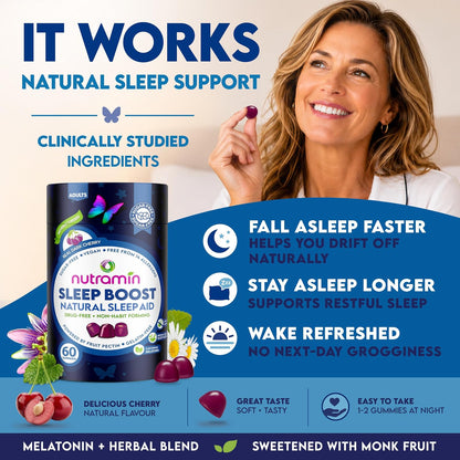 NUTRAMIN Sleep Boost - Dual Sleep Formula Melatonin + Herbal Blend - Sugar-Free, Vegan, Apple Pectin, Dark Cherry 60 ct