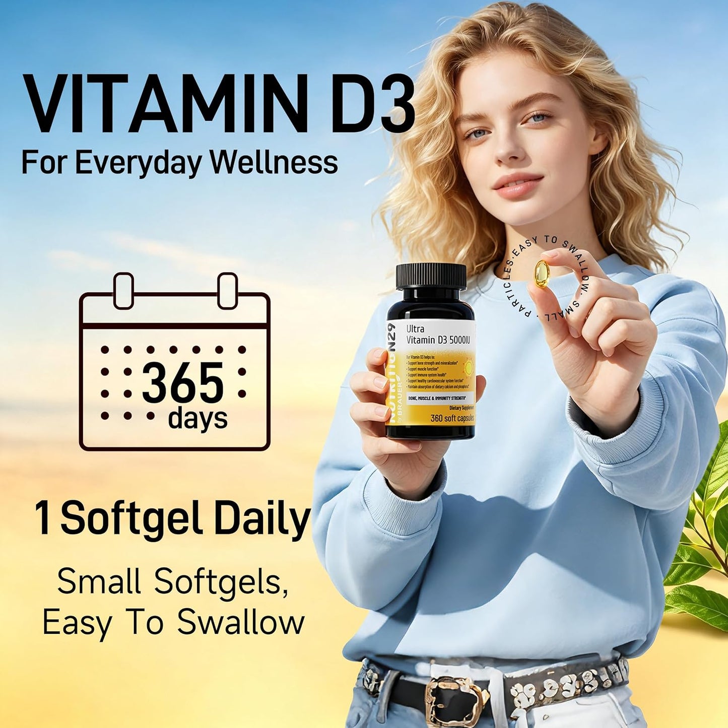 Vitamin D3 5000 IU (125 mcg),360 Day Supply Vitamin D Softgels | USP-Grade Provitas® Softgels with MCT & Olive Oil,High Potency Immune & Bone,Muscle Health Support Supplement,Non-GMO