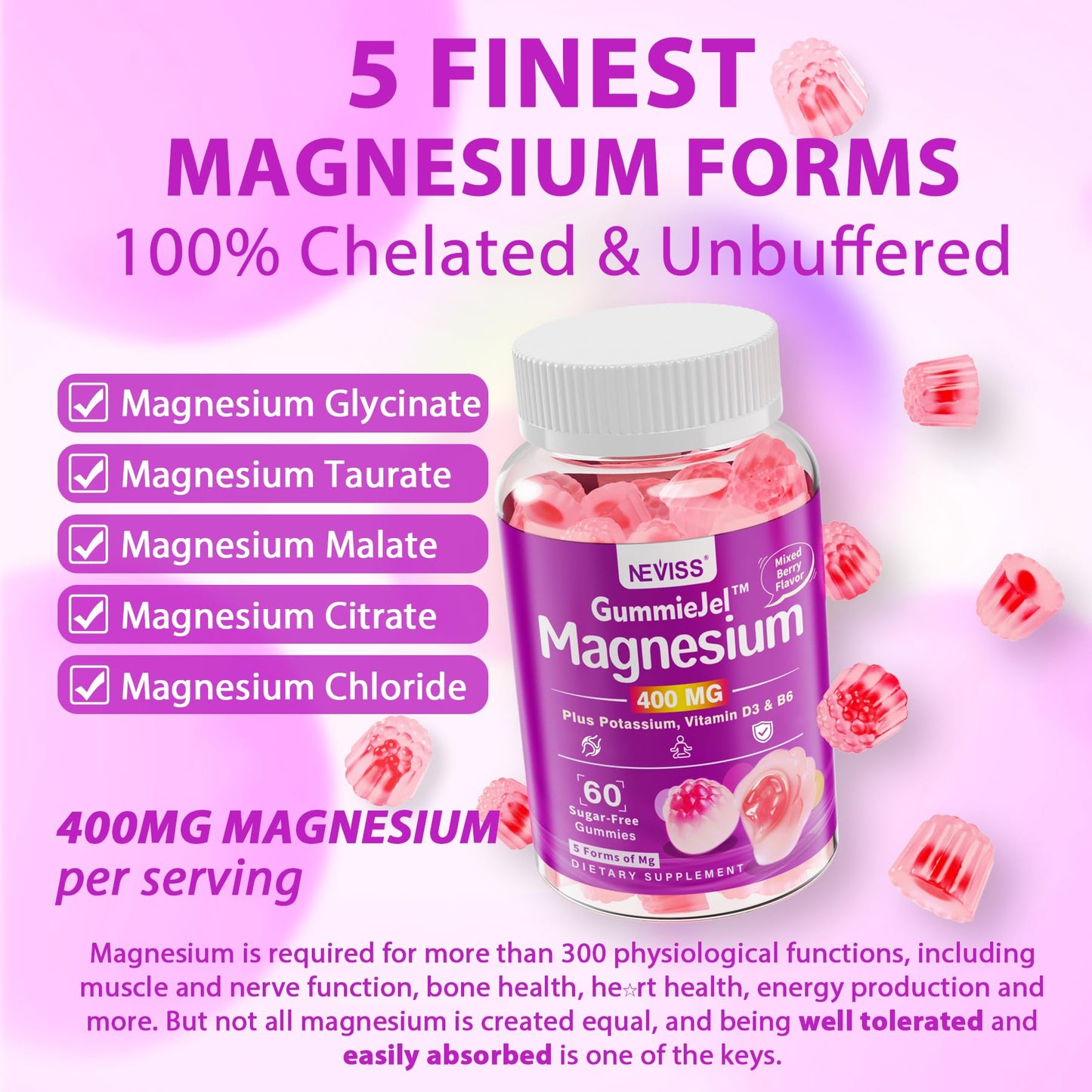 Magnesium Glycinate Gummies for Adults – 400mg Magnesium Complex w/5 Forms of Magnesium (Citrate Malate Taurate Chloride), Ashwagandha, D3 & Zinc – Sugar Free Calm Mood & Muscle Support, Vegan, 60Cts