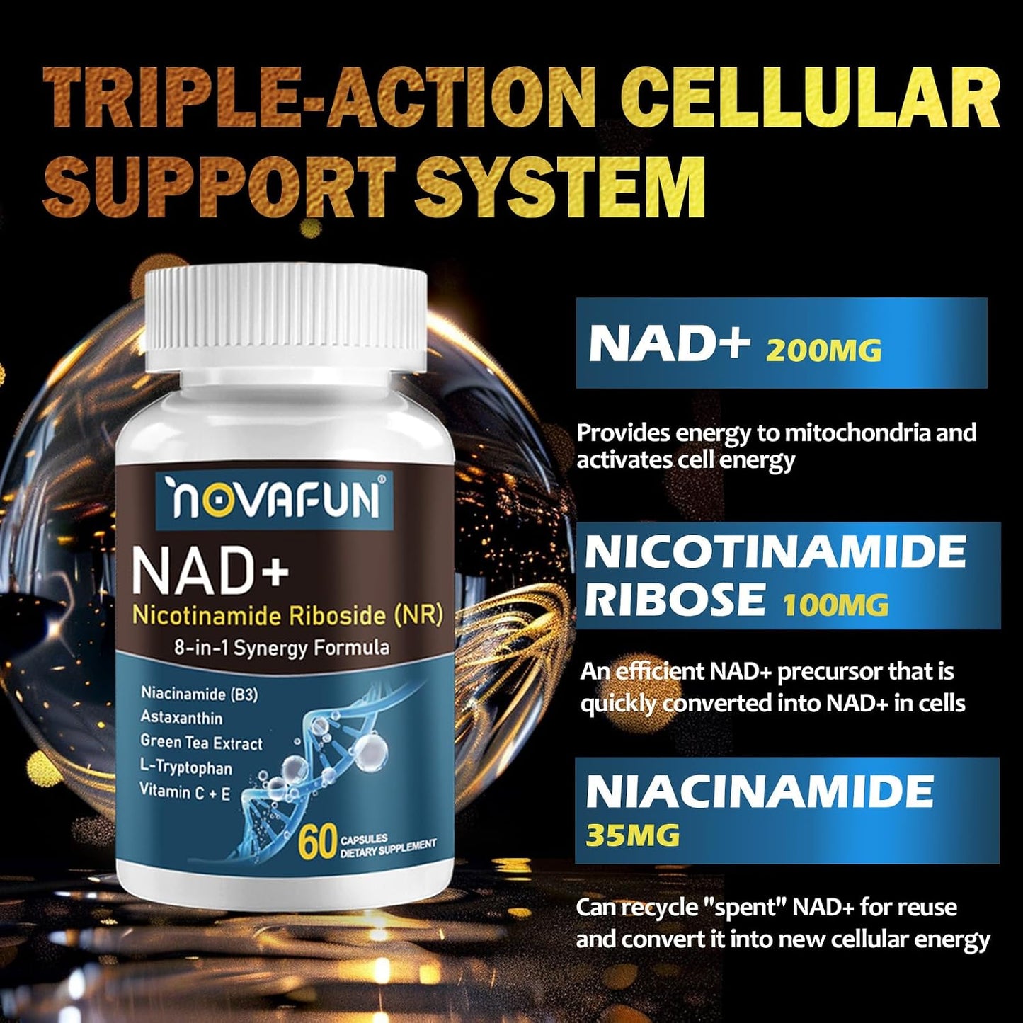 NAD+ Supplements 746mg, 8-in-1 NAD Plus Supplement for Women & Men, with Nicotinamide Riboside, Niacinamide & Astaxanthin, Supports Cellular Energy & Healthy Aging, 60 Capsules
