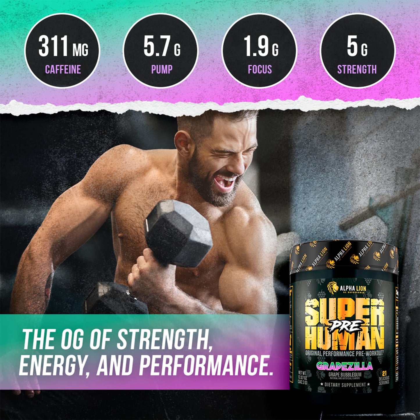 ALPHA LION Superhuman Pre Workout Powder, Beta Alanine, L-Taurine & Tri-Source Caffeine for Sustained Energy & Focus, Nitric Oxide & Citrulline for Pump (21 Servings, Sour Gummy Bear Flavor)