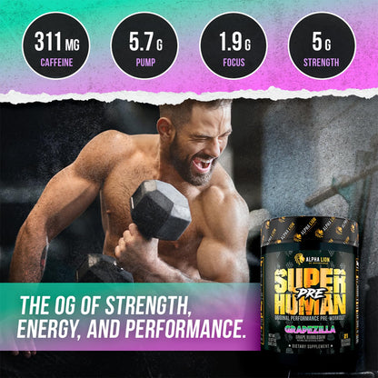 ALPHA LION Superhuman Pre Workout Powder, Beta Alanine, L-Taurine & Tri-Source Caffeine for Sustained Energy & Focus, Nitric Oxide & Citrulline for Pump (21 Servings, Sour Gummy Bear Flavor)