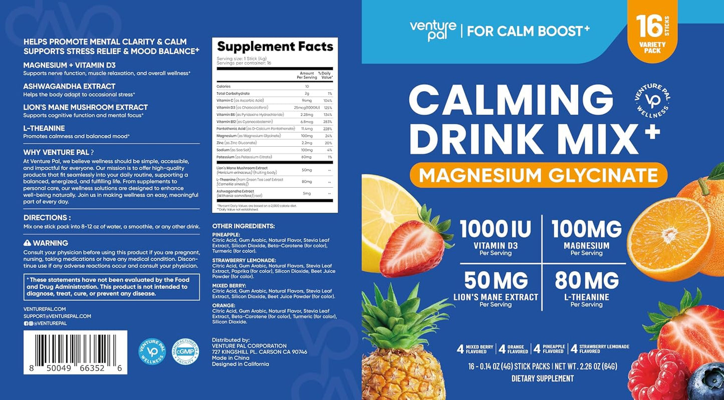 Venture Pal Calm Drink Mix, 12-in-1 Cortisol Reducer & Sleep Aid | Magnesium Glycinate, Ashwagandha, L-Theanine & Vitamin D, Calm Magnesium Powder for Relax & Focus, No Sugar, Non GMO