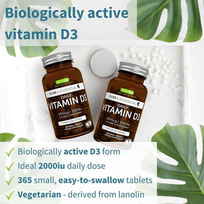 Daily Vitamin D3 + Super B12-Complex, Vegetarian Bundle, 365 2000iu Vitamin D3 Tablets + High Absorption Sublingual B12, by Igennus