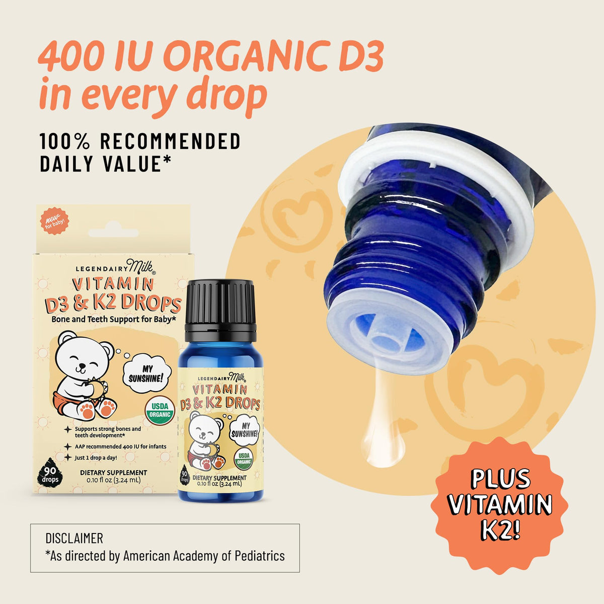 Legendairy Milk Organic Baby Vitamin D3 K2 Liquid Drops, 400 IU of Baby Vitamin D Drops
