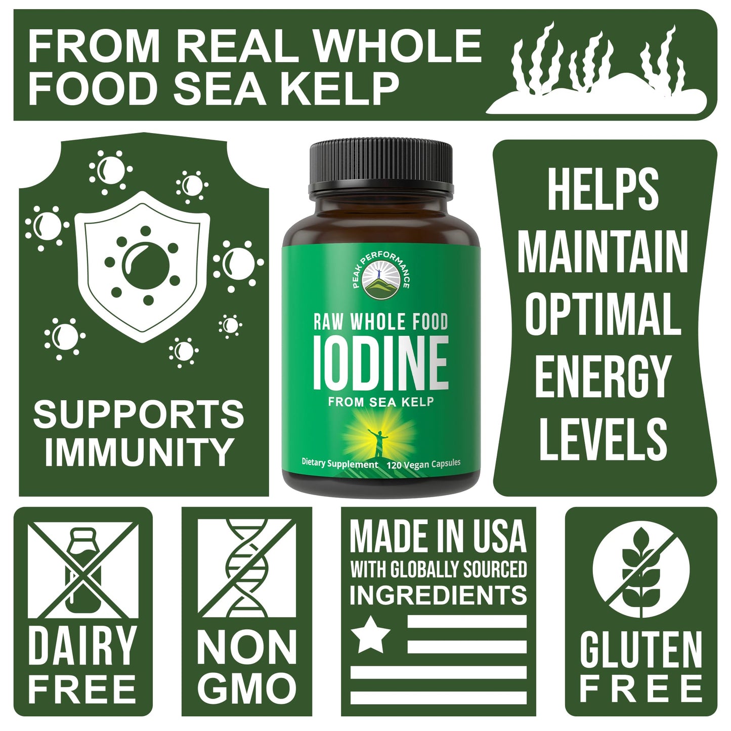 Raw Whole Food Iodine Supplement from Organic Kelp (Ascophyllum Nodosum) by Peak Performance. Potassium Iodide Support Tablets. for Metabolism, Energy, and Immune. 60 Vegan Capsules, Pills