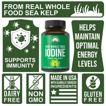 Raw Whole Food Iodine Supplement from Organic Kelp (Ascophyllum Nodosum) by Peak Performance. Potassium Iodide Support Tablets. for Metabolism, Energy, and Immune. 60 Vegan Capsules, Pills