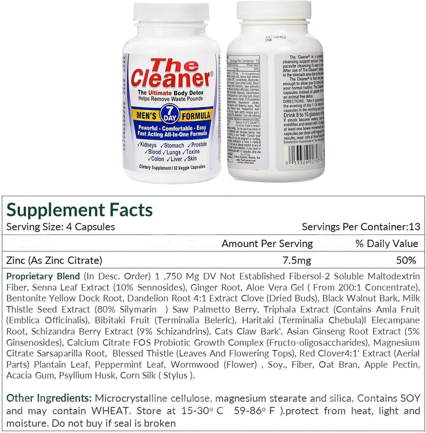 Century Systems The Cleaner Detox, Powerful 7-Day Complete Internal Cleansing Formula for Men, Support Digestive Health, 52 Vegetarian Capsules