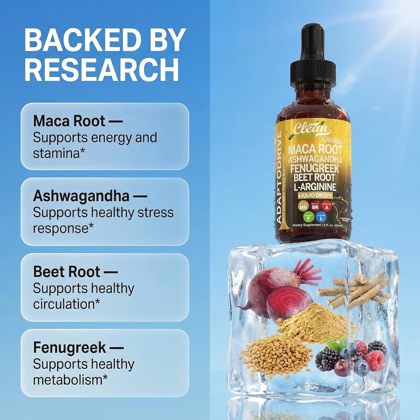Clean Nutra Organic Maca Root Liquid Drops with Ashwagandha, Fenugreek, Beet Root and L-Arginine Liquid Multivitamin for Women and Men - Adapto Drive