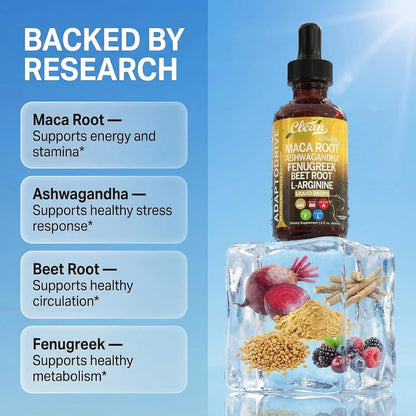 Clean Nutra Organic Maca Root Liquid Drops with Ashwagandha, Fenugreek, Beet Root and L-Arginine Liquid Multivitamin for Women and Men - Adapto Drive