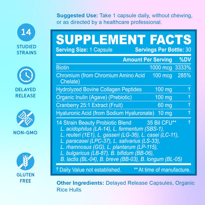 BioEmblem Beauty Probiotics for Women, 35 Billion CFU 14 Strains with Biotin, Collagen, Prebiotics for Digestive Health, Hair Skin and Nails, Vaginal Probiotics Supplement, Shelf Stable, 30 Caps