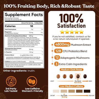 Venture Pal Mushroom Coffee, 12 Mushrooms, Focus & Digestion, 40 Servings | 12 Adaptogenic Mushrooms with Lion's Mane, Cordyceps, Reishi, Turkey Tail, Ashwagandha & Probiotics, Low Caffeine & Calories
