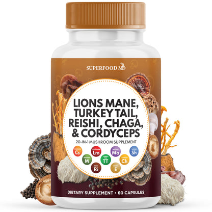 Superfood MD Lions Mane Mushroom Supplement with Turkey Tail Reishi Cordyceps Chaga with Marshmallow Root - 120 Count