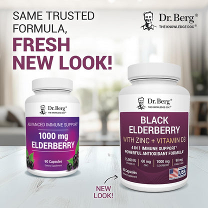 Dr. Berg Black Elderberry Capsules (Advanced Immune Support*) with 15,000 IU Vitamin D, 60 mg of Zinc, & 90 mg of Camu Camu - (4-in-1) Sambucus Elderberry Immune Support Supplement - 90 Capsules