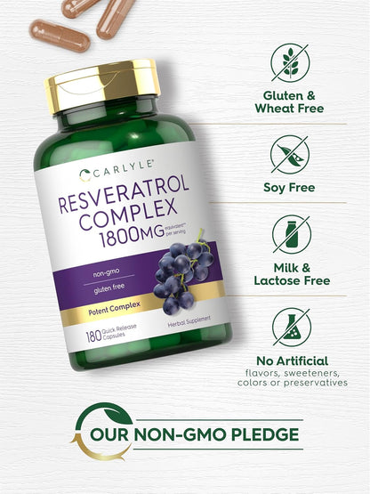 Carlyle Resveratrol Complex - 180 Capsules | Trans Resveratrol Supplement with Grape Seed Extract - Non GMO, Gluten Free