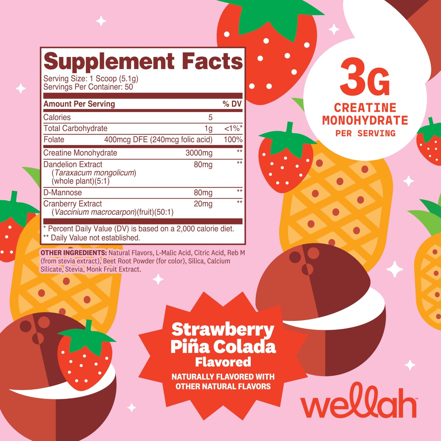 Wellah Creatine for Women - Creatine Monohydrate with Dandelion & Cranberry Extract (50 Servings, Strawberry Lemonade) | Creatine Monohydrate with Dandelion & Cranberry Extract