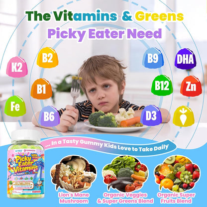 Toddlers 2-3 & Kids 4+ Picky Eater Vitamins with Iron, for Minors Aged 2-17, Children Teens Multiviamin Supergreen Filled Gummies, Methylated B6, B9,B12, Fruits + Veggies + Mushroom, Sugar Free