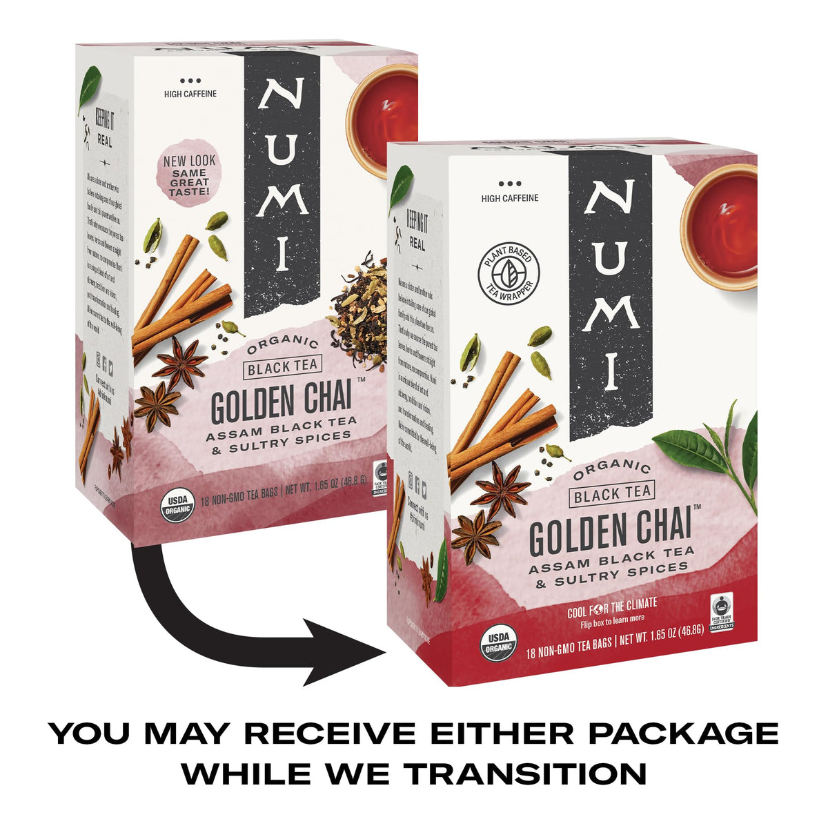 Numi Organic Golden Chai Tea, 18 Tea Bags, Assam Black Tea, Cardamom, Ginger