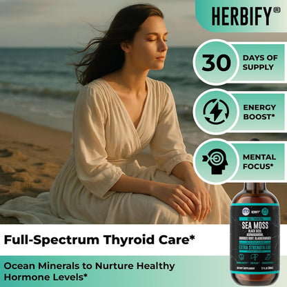 Thyroid Support Supplement with Sea Moss, Bladderwrack, Ashwagandha, Black Seed & Burdock Root - Natural Iodine for Healthy Thyroid Function, Energy & Metabolism - Grape Flavor, 2 Fl Oz, Made in USA