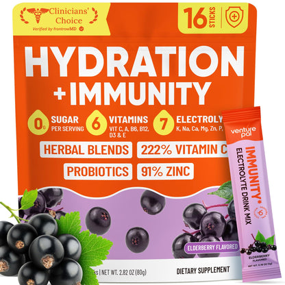Venture Pal Sugar Free Hydration Packets+Immune-Liquid Daily IV Drink Mix | Electrolyte Powder with 7 Electrolytes & 6 Vitamins, Probiotics + Elderberry | Non-GMO, Keto Friendly, Vegan | 16 Sticks