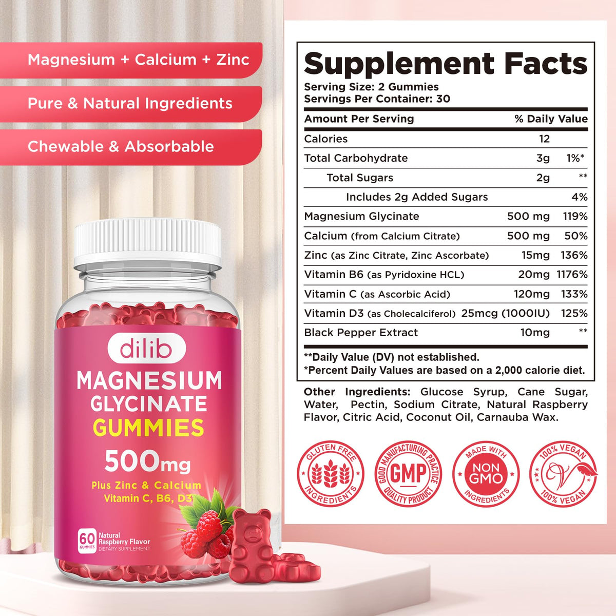 Magnesium Glycinate Gummies 500mg - Magnesium Supplement with Vitamin B6 for Adults & Magnesium for Kids - Calm Magnesium for Sleep, Mood, Muscle Support - Strawberry Flavor, 60 Gummies