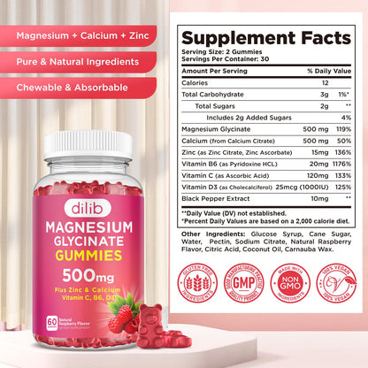 Magnesium Glycinate Gummies 500mg - Magnesium Supplement with Vitamin B6 for Adults & Magnesium for Kids - Calm Magnesium for Sleep, Mood, Muscle Support - Strawberry Flavor, 60 Gummies