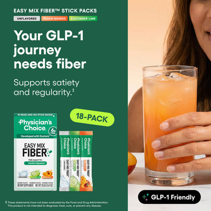 Physician's CHOICE Easy Mix Fiber for GLP-1 Support - No Grit & Sugar Free - Daily Prebiotic Soluble Fiber Powder Supplement - Digestive Health & Regularity - for Women and Men - Unflavored - 7.1oz