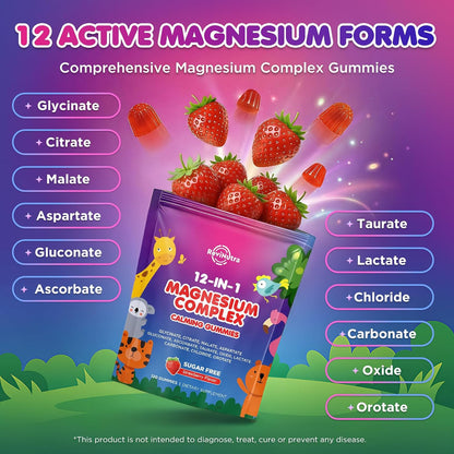 Magnesium Complex 700mg - 12 in 1 Magnesium Gummies with Glycinate, Citrate, Malate, Oxide, Taurate, Aspartate, Orotate - Supports Relaxation, Muscle & Heart - Sugar Free Strawberry 120 Count