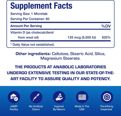 High Strength Vitamin D3 5000 IU - Clinical Formula Vitamin D Supplement for Men and Women for Bone Teeth Muscle Mood and Immune Support - High Absorption Vegetarian Microtabs (60 Day Supply)