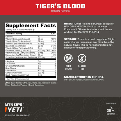 MTN OPS Yeti Pre-Workout Powder with Creatine, Tiger's Blood