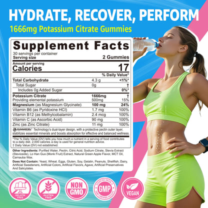 Potassium Citrate 1666mg Gummies + Magnesium Glycinate + Zinc, Potassium Supplement for Adults Women Men, Sugar Free Electrolyte Balance Gummies w/B6, B12 & C for Hydration, Leg Cramps & Energy, 60Cts