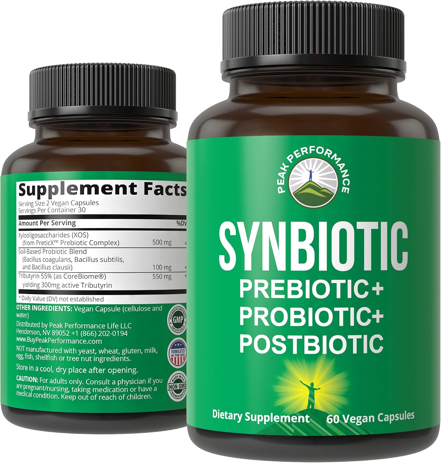 Synbiotic = Prebiotic + Probiotic + Postbiotic 3-in-1 Supplement with Clinically Tested Ingredients - Pre and Probiotics Plus Important Tributyrin CoreBiome for Gut - 60 Vegan Capsules for Women + Men