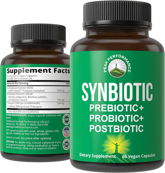 Synbiotic = Prebiotic + Probiotic + Postbiotic 3-in-1 Supplement with Clinically Tested Ingredients - Pre and Probiotics Plus Important Tributyrin CoreBiome for Gut - 60 Vegan Capsules for Women + Men