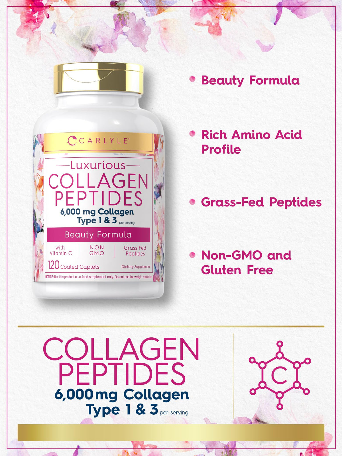 Carlyle Collagen with Vitamin C | 6000mg | 120 Caplets | Multi Collagen Peptide Pills