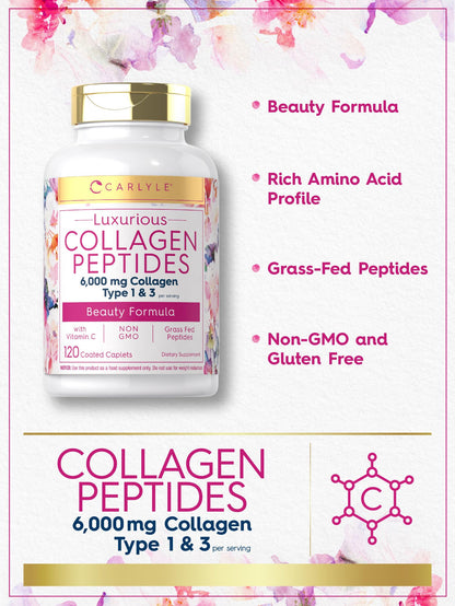 Carlyle Collagen with Vitamin C | 6000mg | 120 Caplets | Multi Collagen Peptide Pills