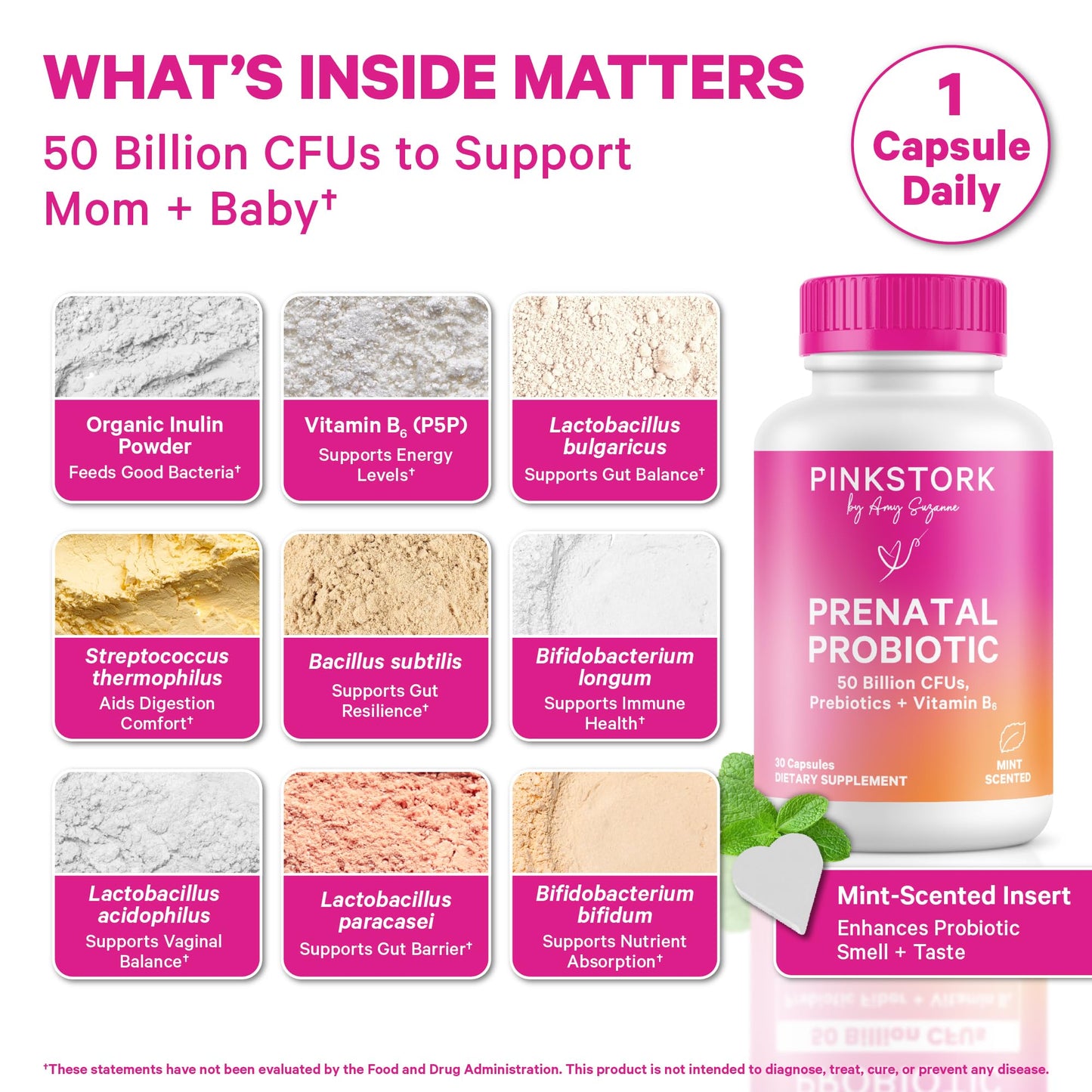 Pink Stork Prenatal Probiotic for Women with 50 Billion CFU, 30 Capsules | Added Vitamin B6 + Prebiotics, Morning Sickness Support, Vegan & Gluten-Free, Digestive, Immune, + Gut Health