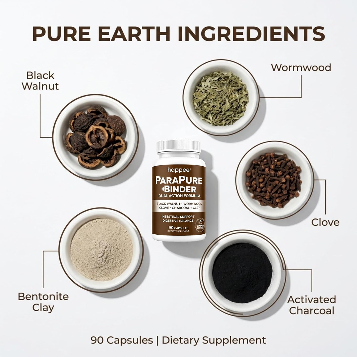 Happee ParaPure Cleanse with Binder for Humans, Intestinal Support, 2-in-1 | Wormwood, Black Walnut, Clove with Charcoal Binder for Digestive Balance (No Stack Needed) 90 Capsules