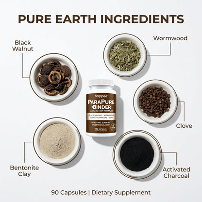 Happee ParaPure Cleanse with Binder for Humans, Intestinal Support, 2-in-1 | Wormwood, Black Walnut, Clove with Charcoal Binder for Digestive Balance (No Stack Needed) 90 Capsules