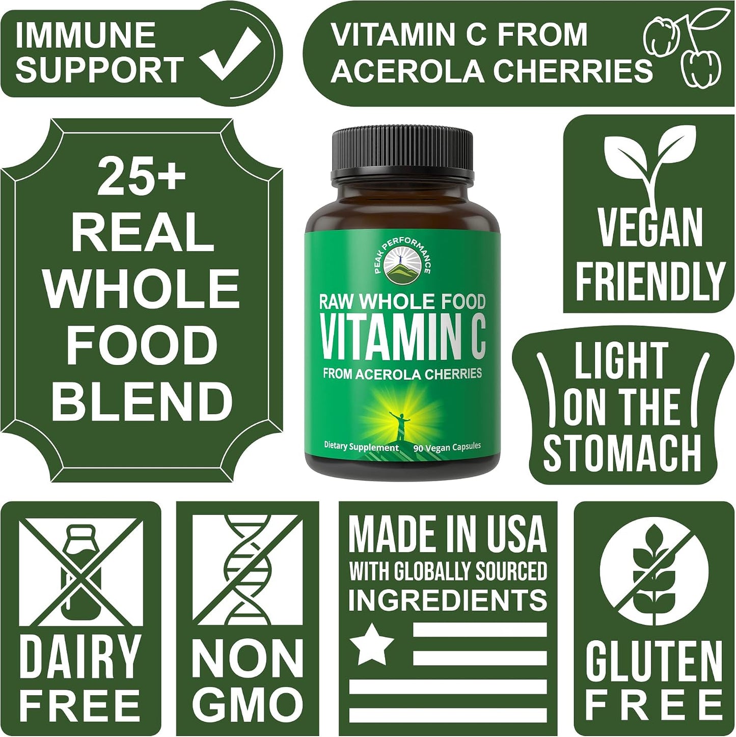 Peak Performance Raw Whole Food Natural Vitamin C Capsules from Acerola Cherry for Max Absorption. Vegan USA Sourced Vitamin C Supplement 90 Pills. 500 mg Serving or 2 Servings 1000mg