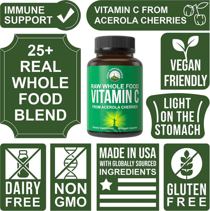Peak Performance Raw Whole Food Natural Vitamin C Capsules from Acerola Cherry for Max Absorption. Vegan USA Sourced Vitamin C Supplement 90 Pills. 500 mg Serving or 2 Servings 1000mg