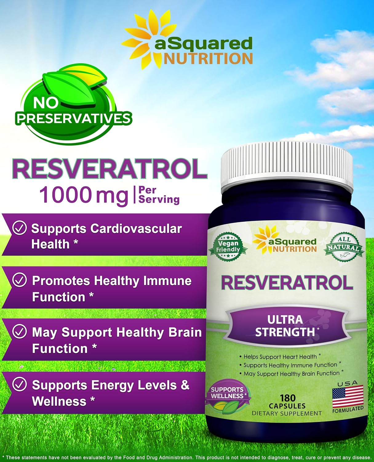 100% Natural Resveratrol Supplement - 1000mg Per Serving - 180 Capsules | Max Strength Antioxidant Polyphenols Complex - Trans-Resveratrol Pills for Heart Health - Pure Formula - 500mg Per Capsule