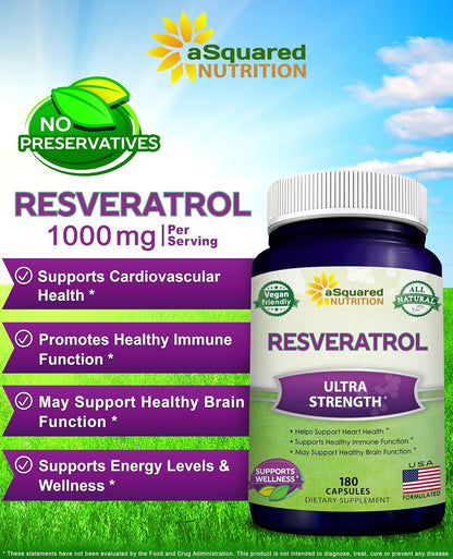 100% Natural Resveratrol Supplement - 1000mg Per Serving - 180 Capsules | Max Strength Antioxidant Polyphenols Complex - Trans-Resveratrol Pills for Heart Health - Pure Formula - 500mg Per Capsule