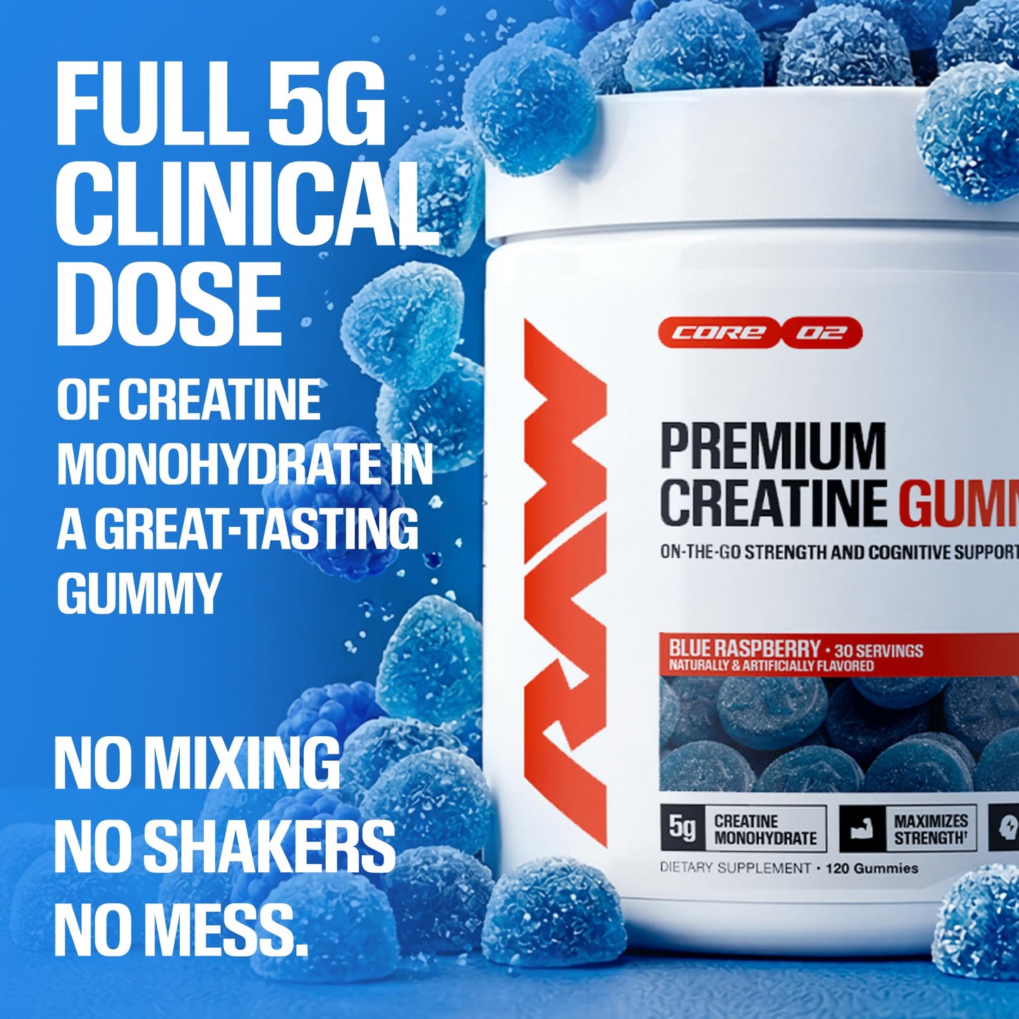 RAW Nutrition Creatine Gummies, Blue Raspberry, 5g Creatine Monohydrate, Supports Strength & High-Intensity Performance, No Mixing Chewable Pre/Post Workout Supplement, 120 Gummies (30 Servings)
