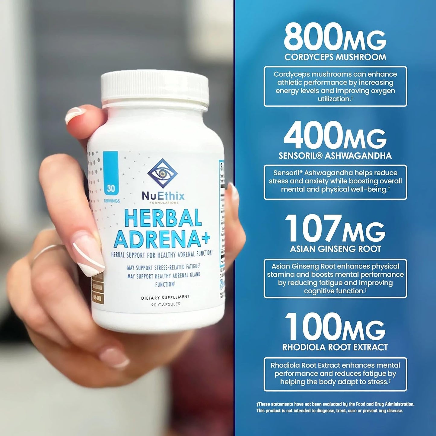 NuEthix Formulations Herbal Adrena+, Adrenal Support Supplements for Women & Men, Cortisol Support, Improve Energy Levels & Mood, Includes Cordyceps & Ashwagandha, Non-GMO, Gluten Free, 30 Servings